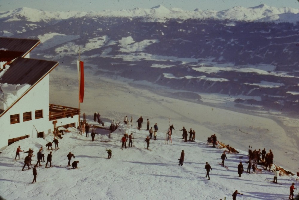 c1960's 35mm Slide Austrian Alps Ski Resort Winter Alpine Flag Building Roof