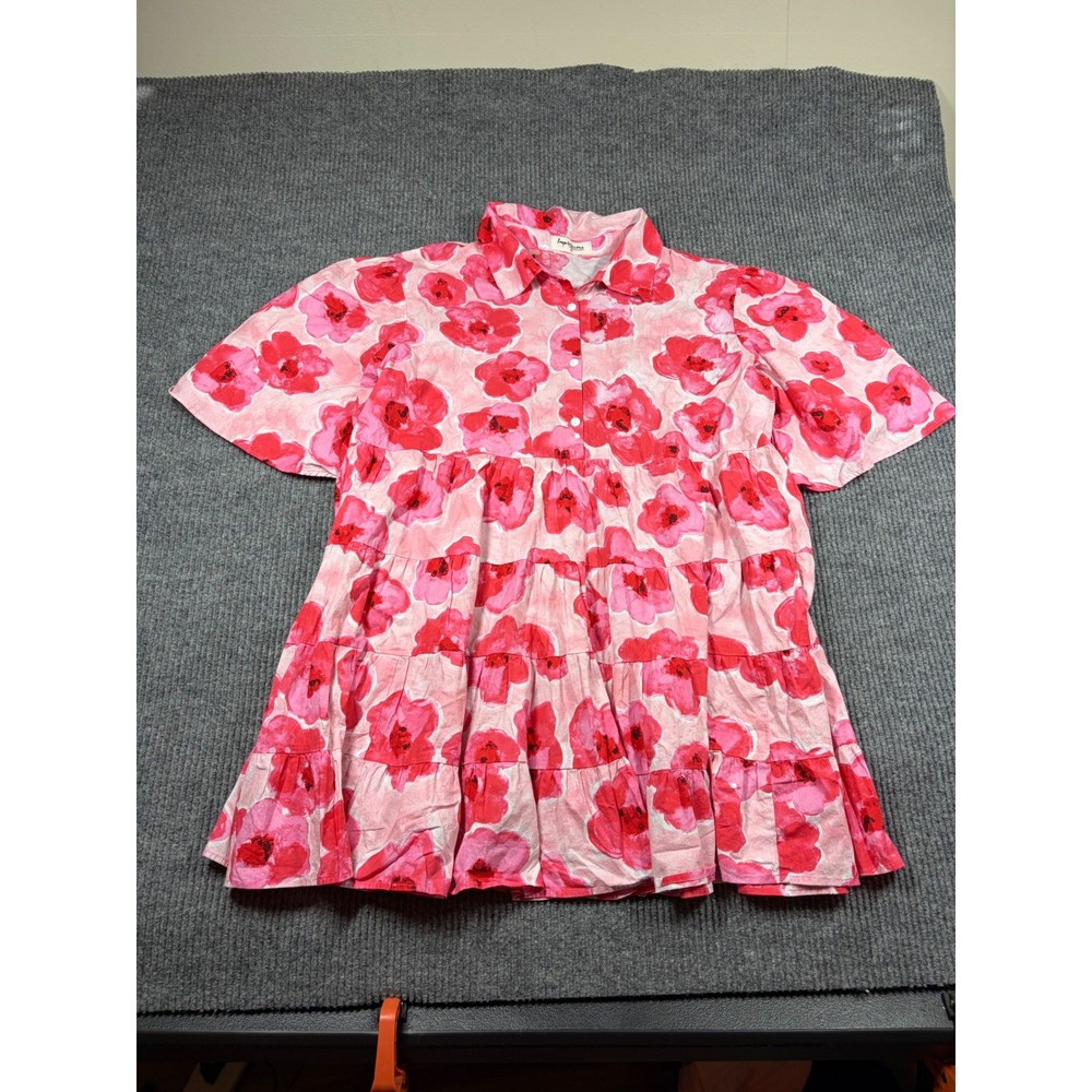 Impressions Dress Women 2X Pink Floral Tiered Babydoll Short Sleeve Button Front