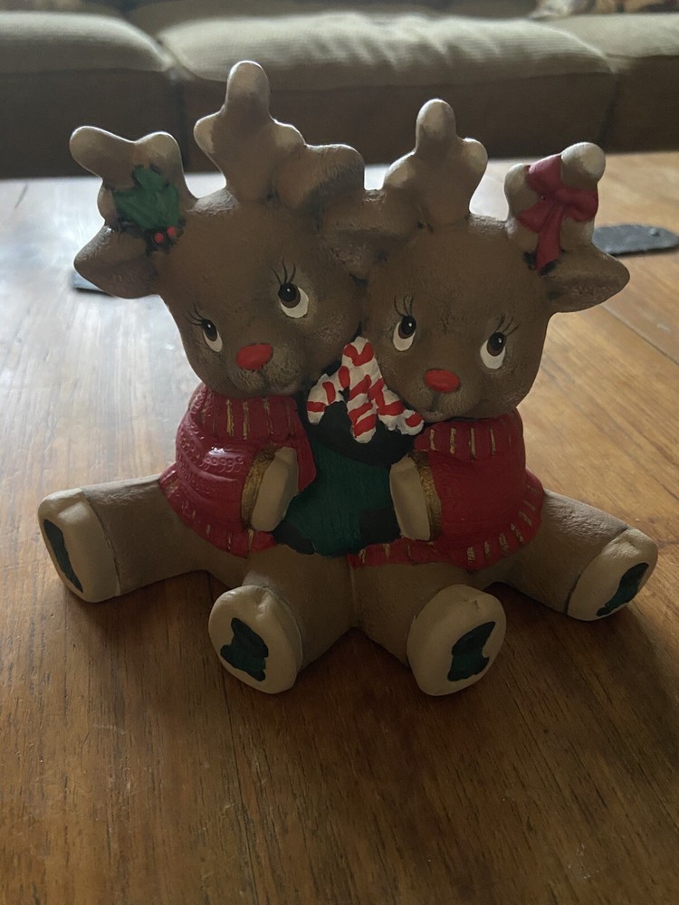 Vintage Christmas Reindeer Figurine Hugging Hand Painted Ceramic Mold