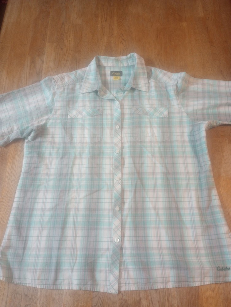 Women's Cabela's Teal Plaid Button Up 100% Cotton XL Shirt  Outdoor Western