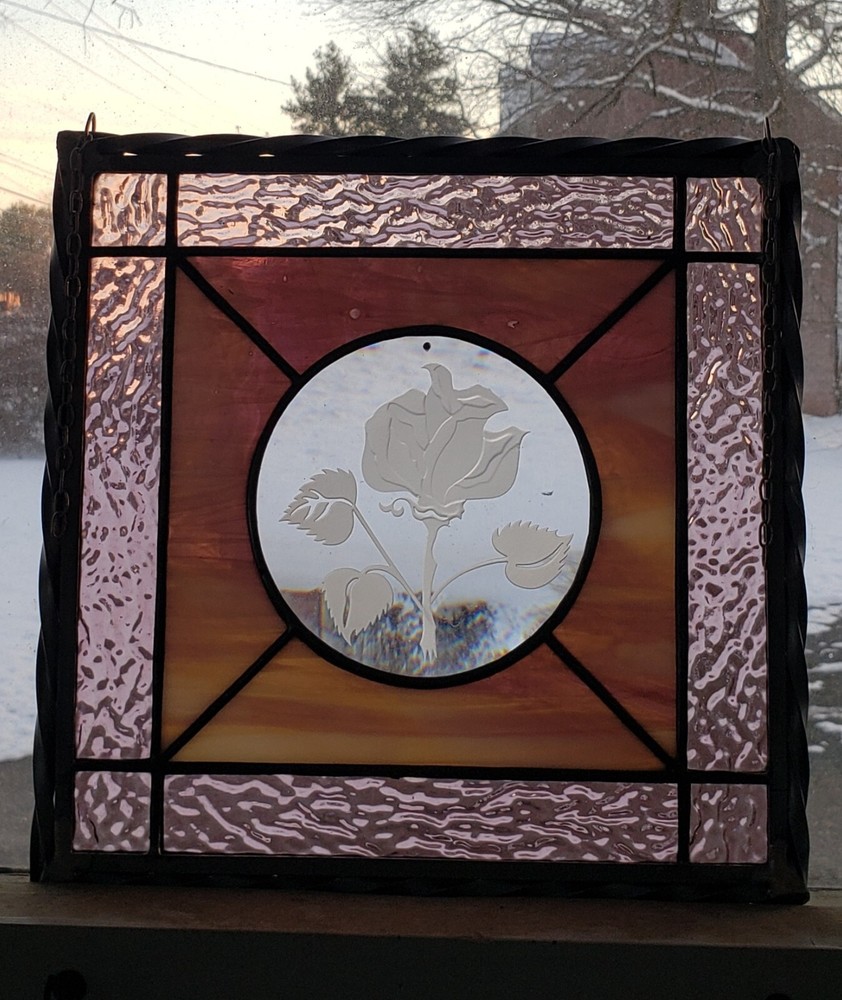 Etched Rose Stained Glass Window Panel for Home Decor