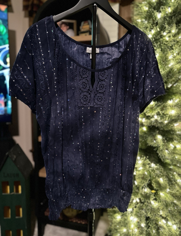 dressbarn Plus 1X Blue Solid Sequin Crochet Scoop Neck Dolman Sleeve Blouse
