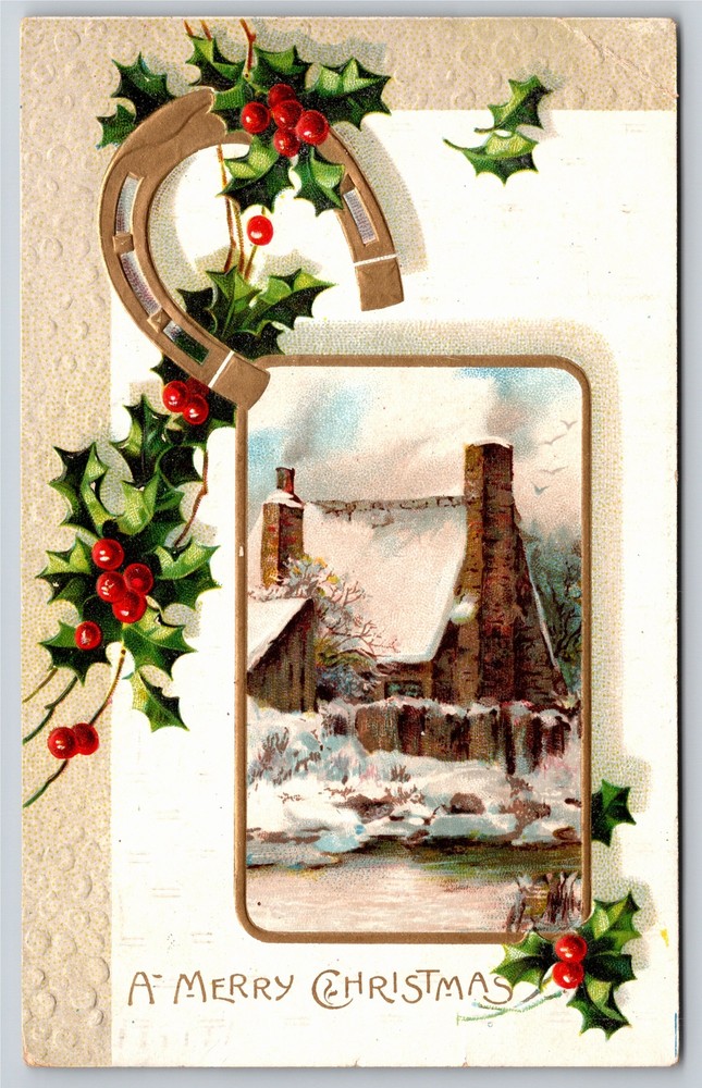 Christmas~Gold Horseshoe & Holly~Winter Snowy Home Scene~Emboss~1909 Postcard