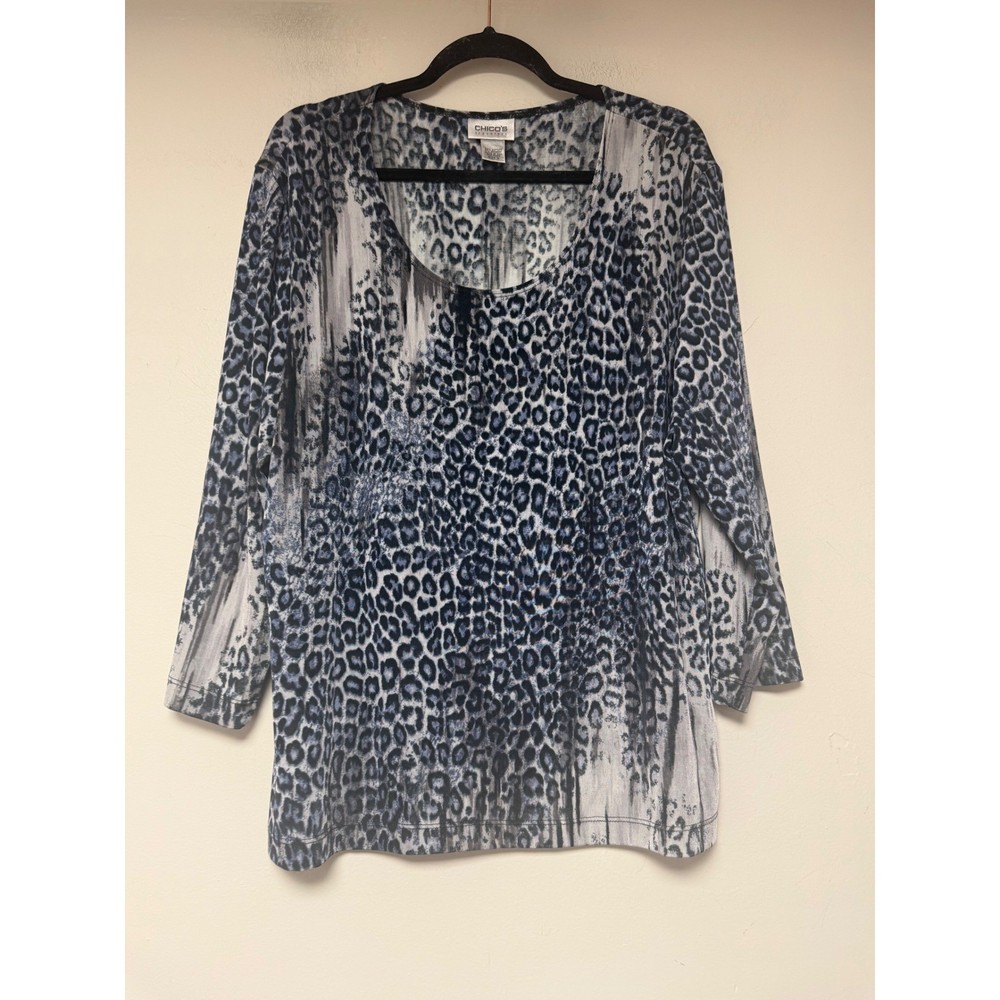 Chico's Travelers Top Women Size 3 Blue Leopard Print 3/4 Sleeve Excellent