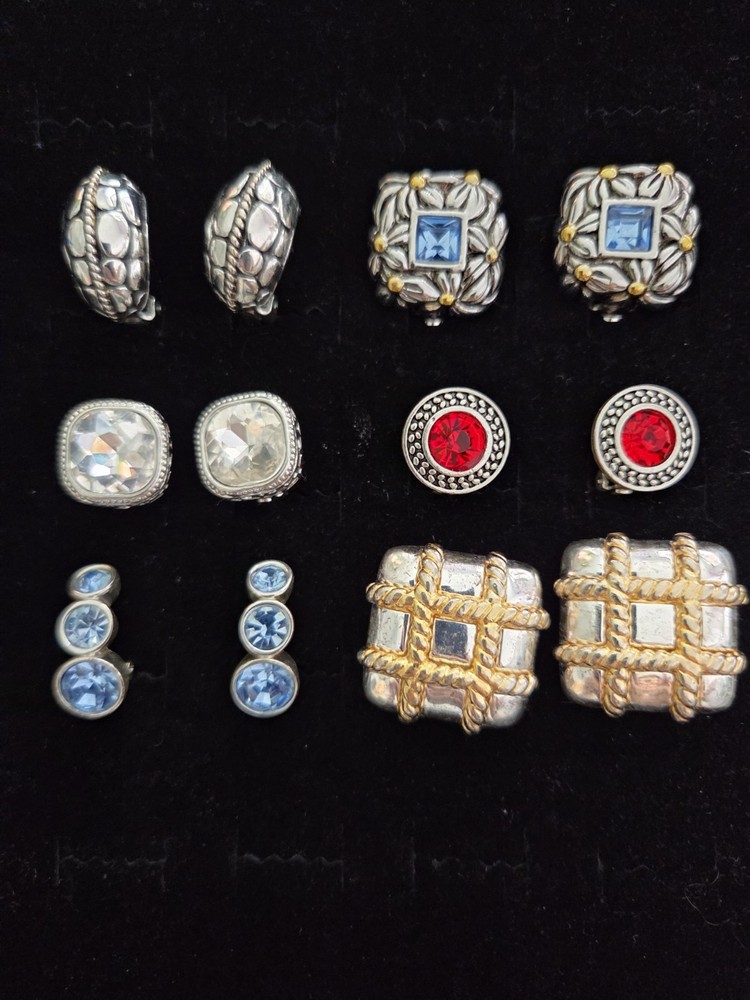 Vintage Signed Earrings Lot Clip On Alfred Sung Premier USA Rhinestone Silver To