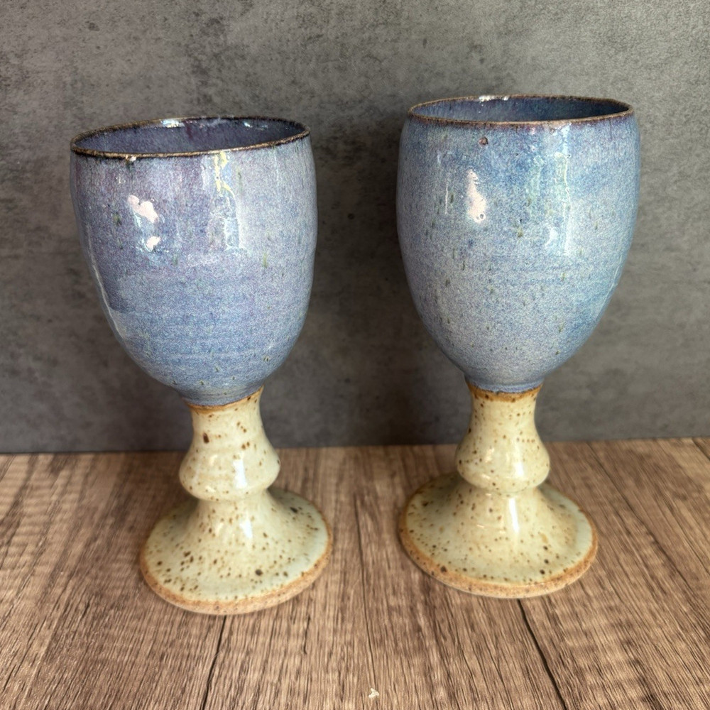 Unmarked Studio Set of 2 Blue & Beige Speckled Ceramic Goblet Cups Glossy 6in