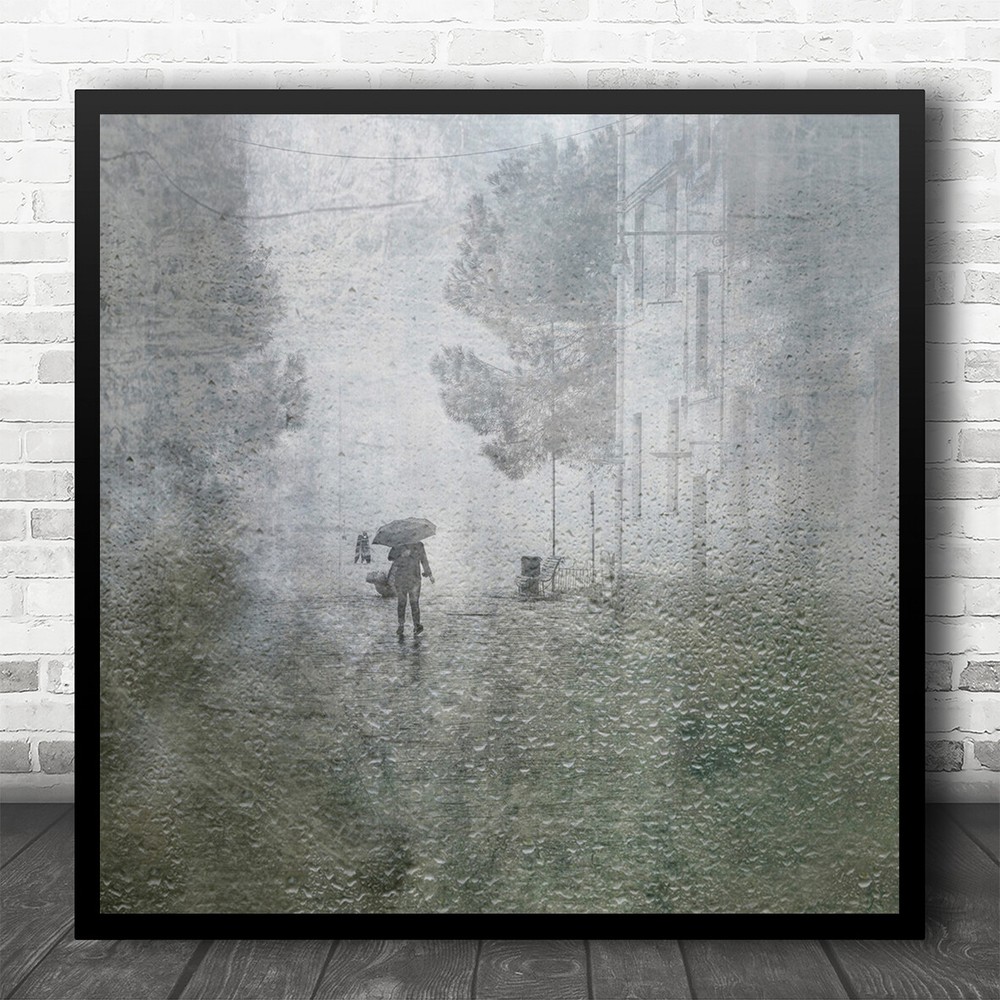 Rain Rainy Raining Umbrella Street Walk Alking Drops Texture Square Print