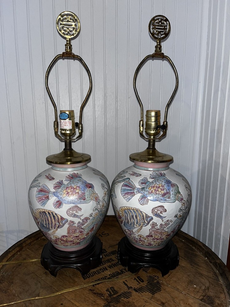 Pair Vintage Palm Beach Regency Under the Sea Fish Coral Lamps - Coastal
