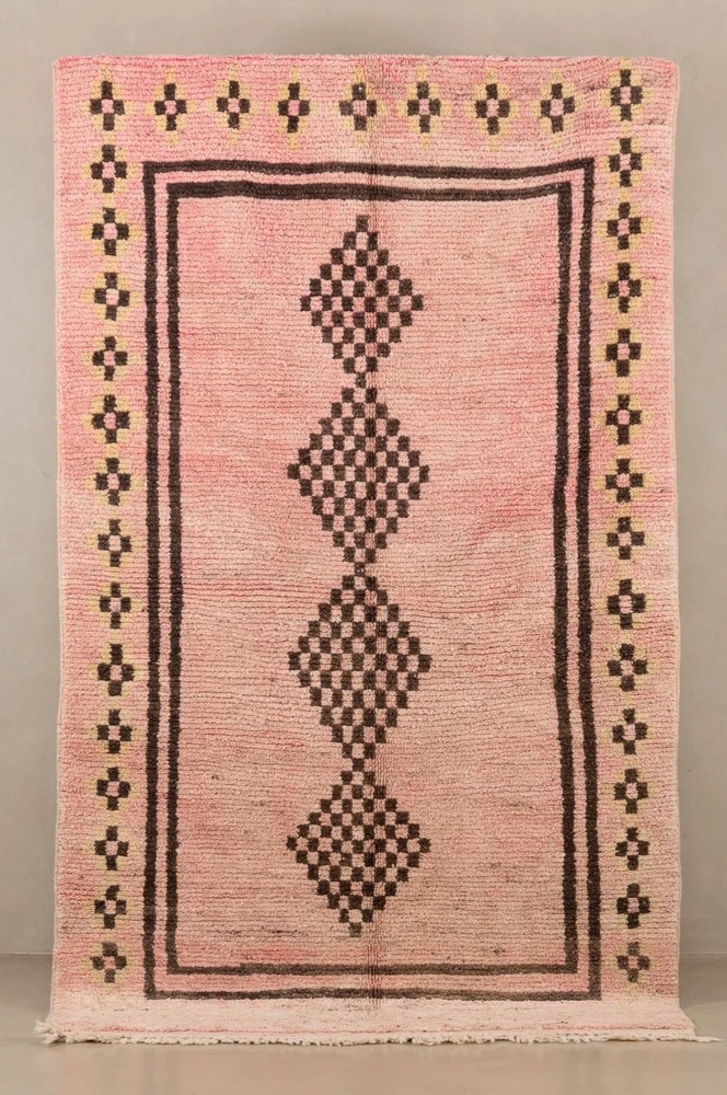 Moroccan Berber Beni Ourain Wool Rug Color Pink Multi Handmade Design Carpet Rug