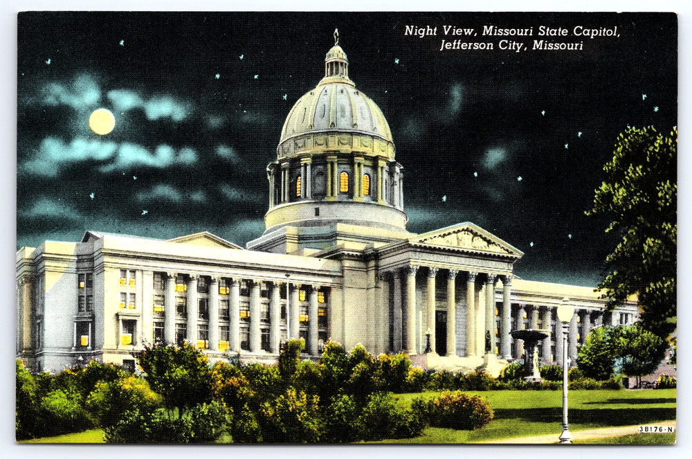 Jefferson City Missouri MO State Capitol Building At Night Moon Vintage Postcard