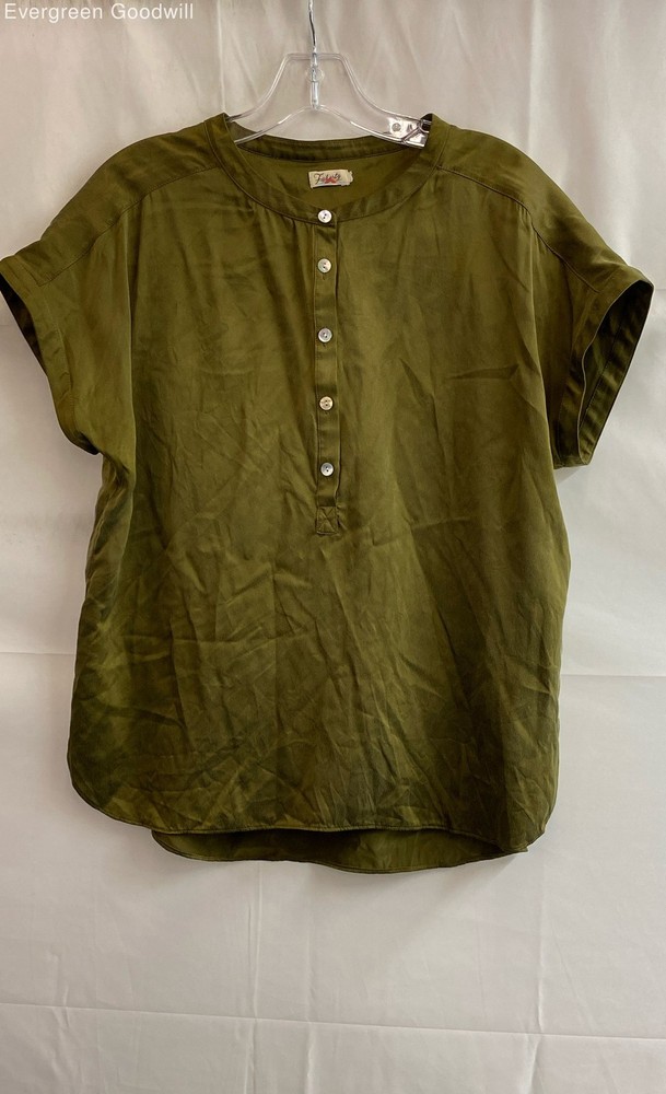 Faherty Women's Green Silk Short Sleeve Button Front Blouse Top Size Medium