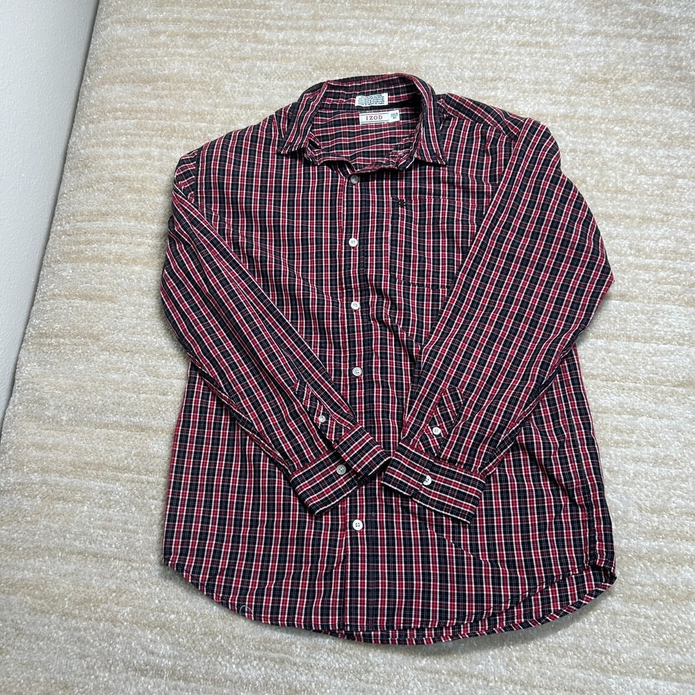 IZOD Mens XL Red Black Plaid Button Up Long Sleeve Casual Cotton Blend Shirt
