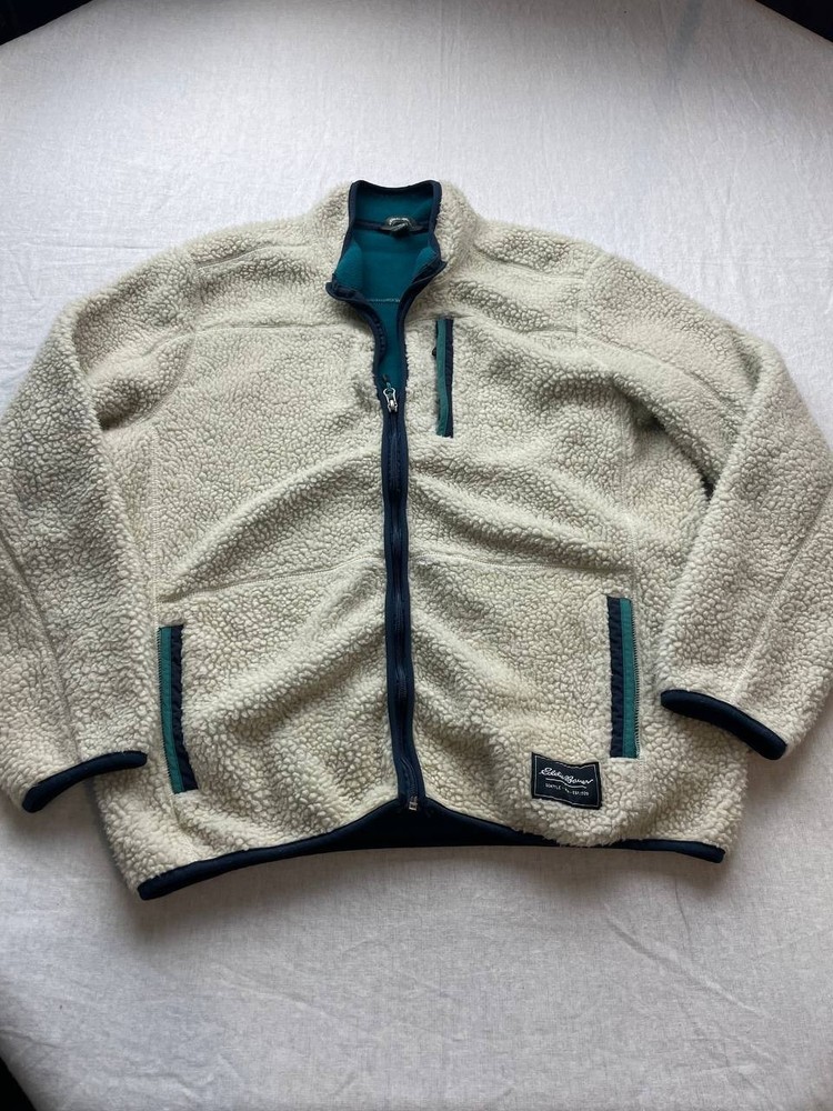 Eddie Bauer Men's L Jacket Biege High Pile Chilali Faux Shearling Fleece 90's