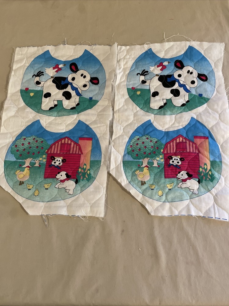 4 Printed Quilted Fabric Baby Bibs Cow Duck & Barn Puppy Hen Chicks Cow