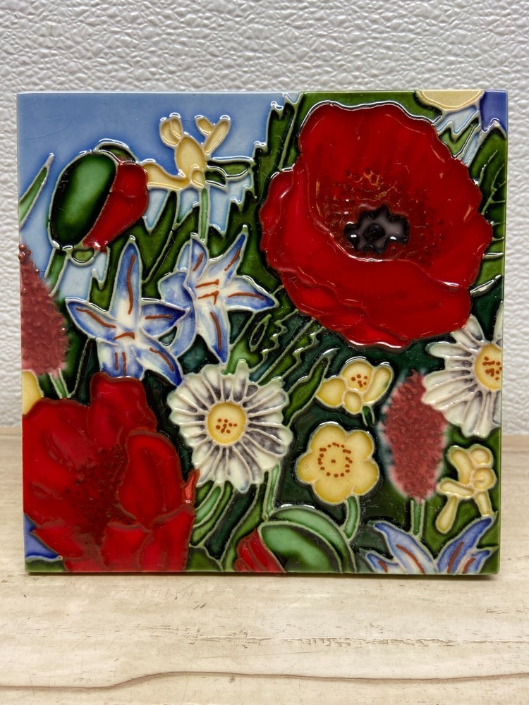 Decorative Art Ceramic Tile With Back Stand Poppies Lillie Daisies 6
