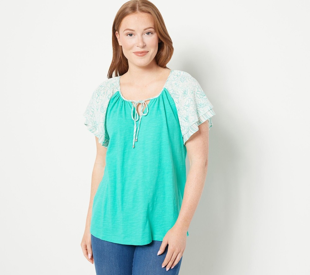 Susan Graver Women's Top Sz XS Pure Cotton Slub Knit w Printed Blue A501352
