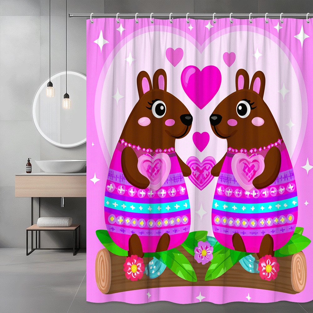 Cute Animal Heart Shower Curtain Pink Bunny Love Graphic