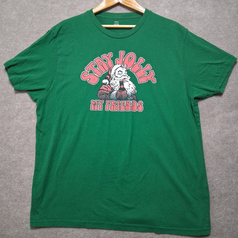 Holiday Time Christmas Shirt Green Stay Jolly My Friends Santa Graphic Tee XL 46