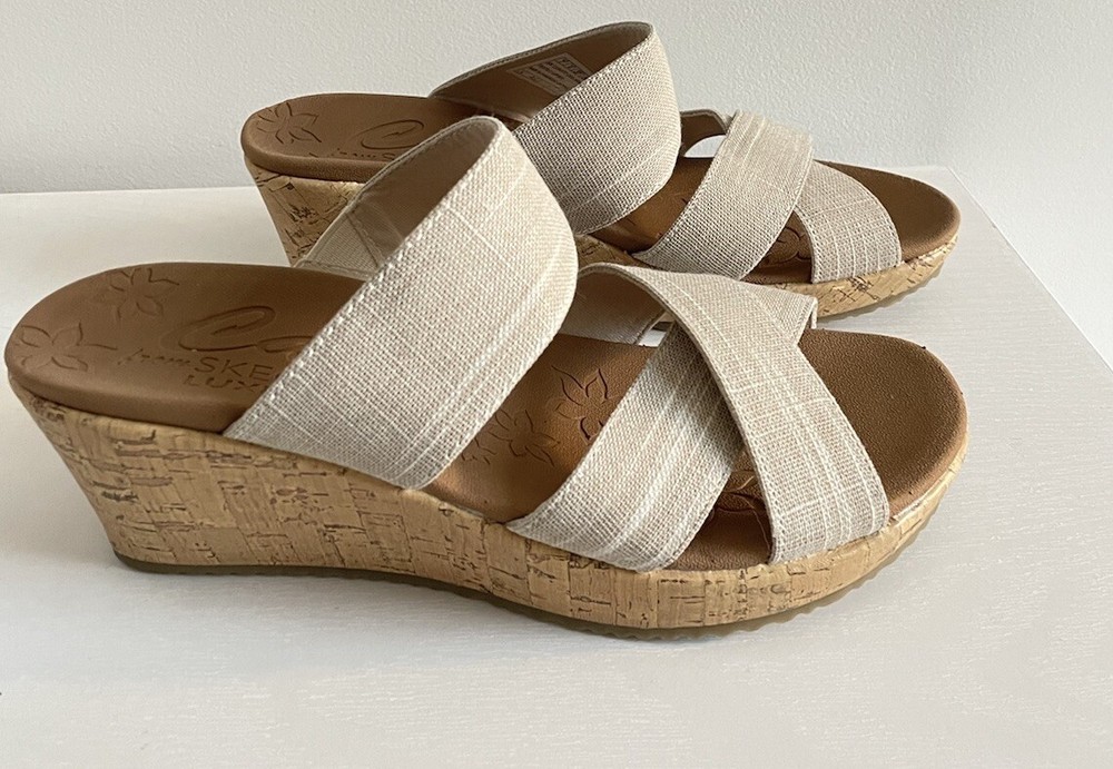 Skechers Womens Size 7 Luxe Foam Cork Wedge Slide Sandals Beverlee Canyon Style 119077
