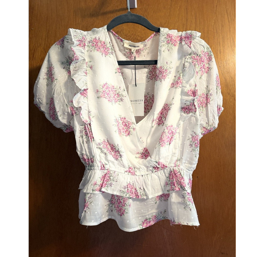 Promesa White Pink Floral Chiffon Ruffle V-Neck Puff Short Sleeve Blouse M