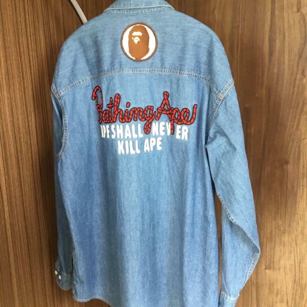 BAPE Back Logo Long Sleeve Denim Shirt in Blue 40773