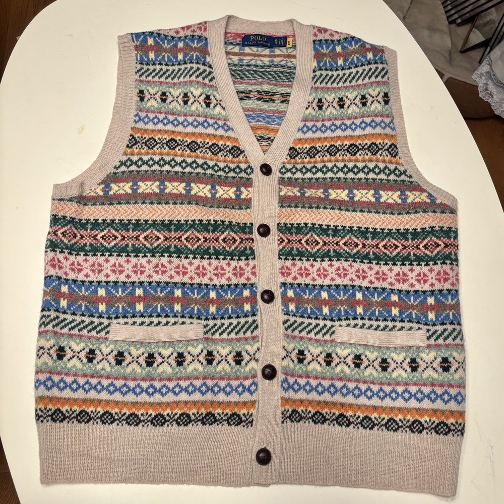 VTG Style Polo Ralph Lauren Men XL Button-Up V-Neck Vest Sweater Wool Blend