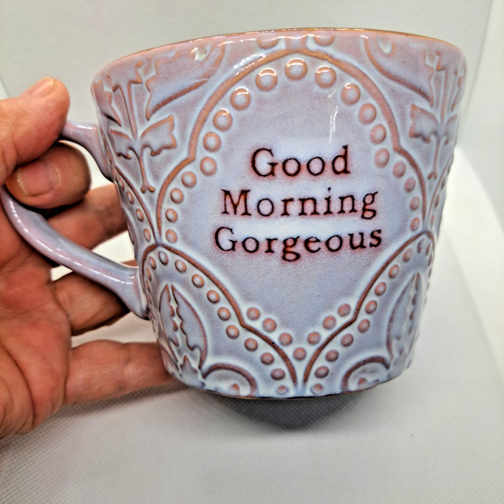 HELLO GORGEOUS Lavender  Embossed coffee/tea mug/cup 12Oz Ceramic Pottery