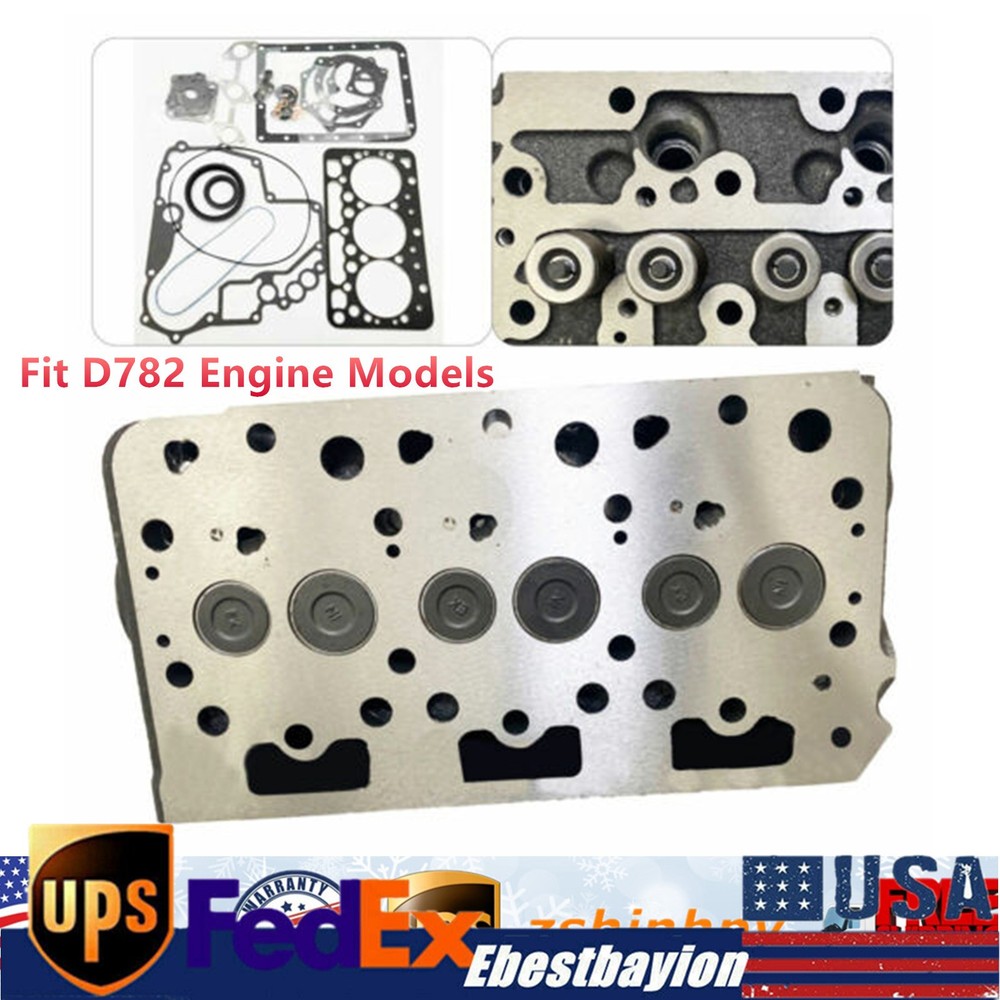 Complete Cylinder Head Assembly with Valves & Full Gasket Kit for Kubota D782 Engine - New