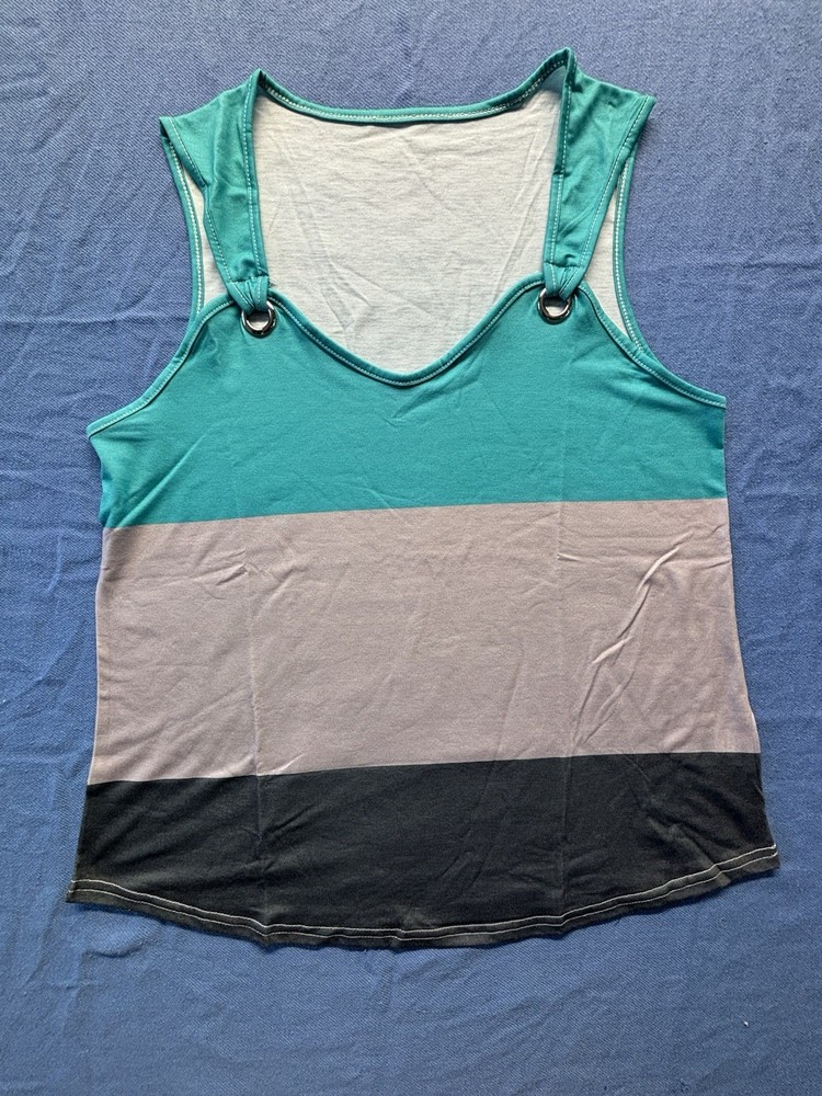Womens Colorblock Tank Top XL Teal Gray Black Sleeveless Casual Stretch Top