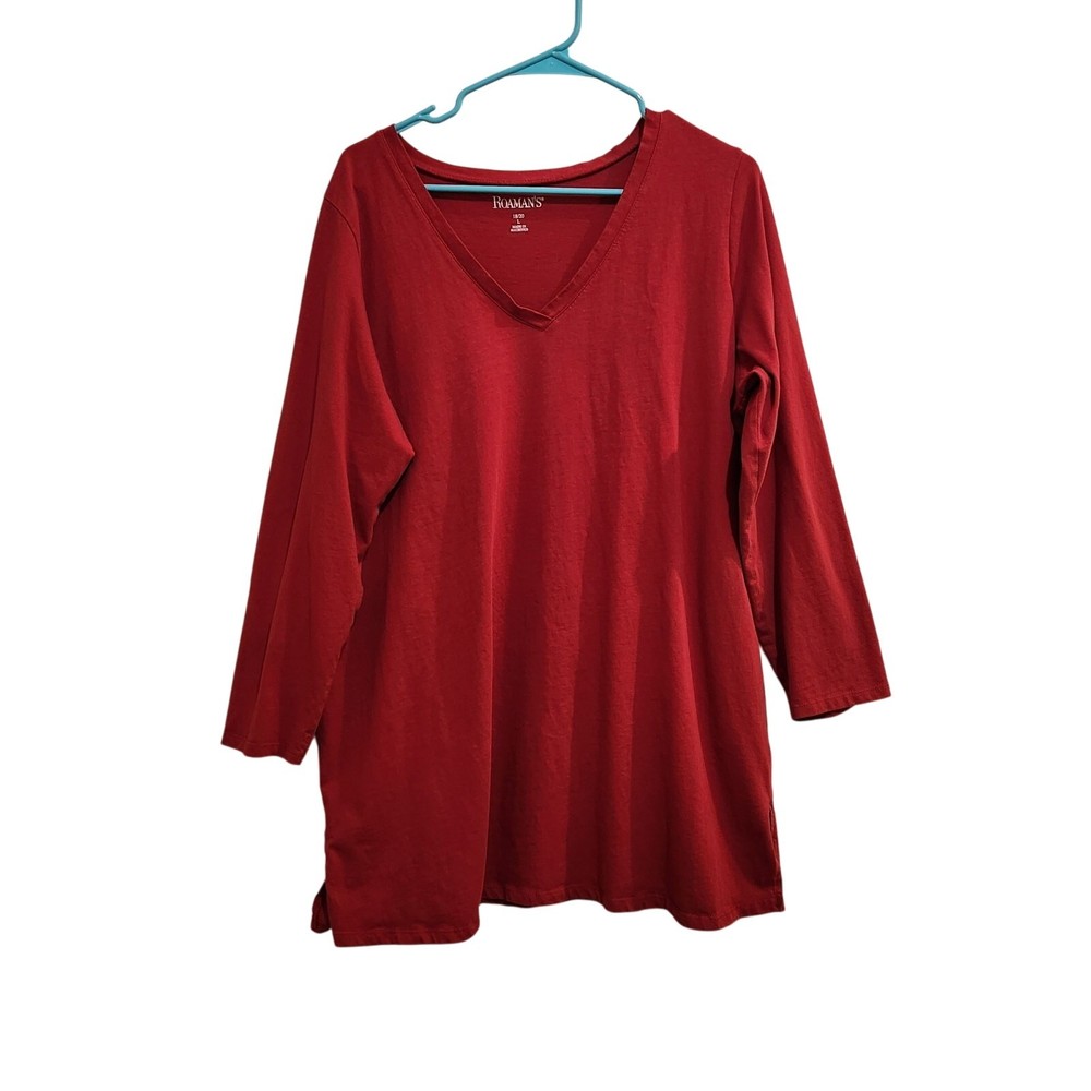 Roaman's Red Casual Long Sleeve V-Neck Side Slit Tunic T-Shirt Size 18/20 2XL