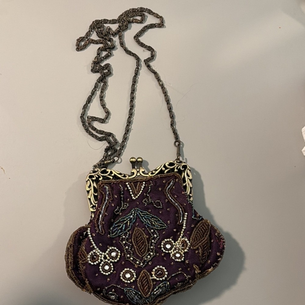 Art Deco Beaded Evening Bag Purse Purple Gold White Blue Metal Frame Formal