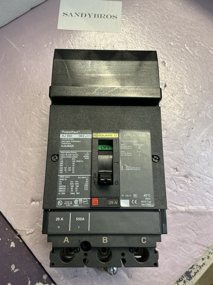 Square D HJA36020 3 Pole 20 Amp 600 Vac Circuit Breaker