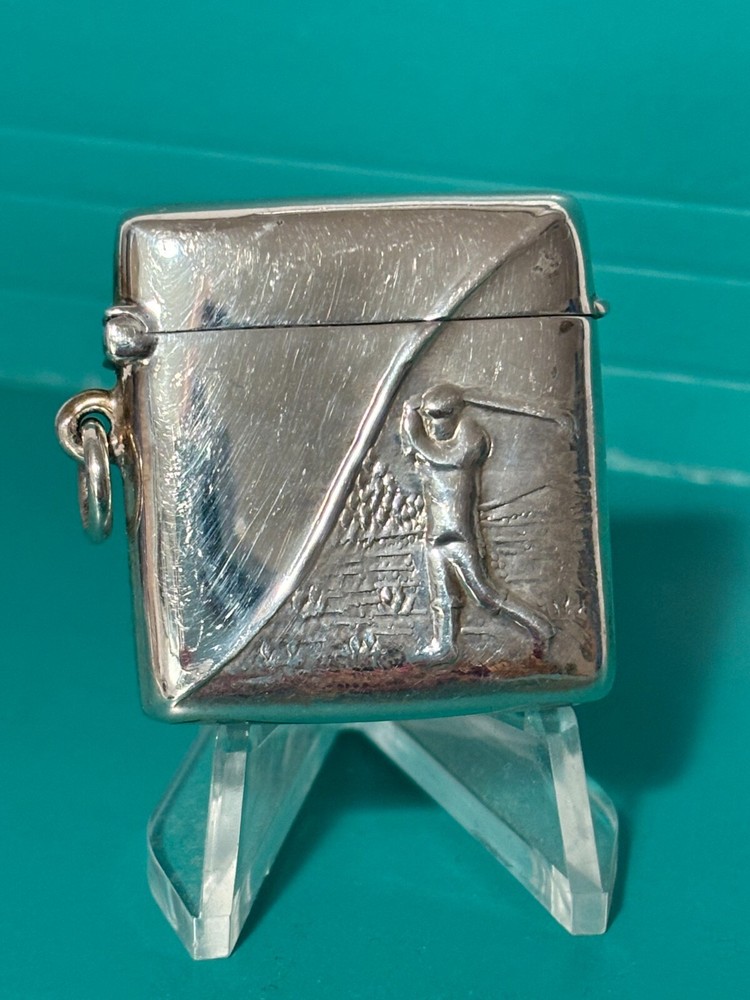 VINTAGE STERLING SILVER 925 EMBOSSED DOUBLE SIDED GOLFER VESTA CASE BIRMINGHAM