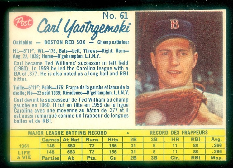 1962 POST CANADIAN #61 CARL YASTRZEMSKI VGEX