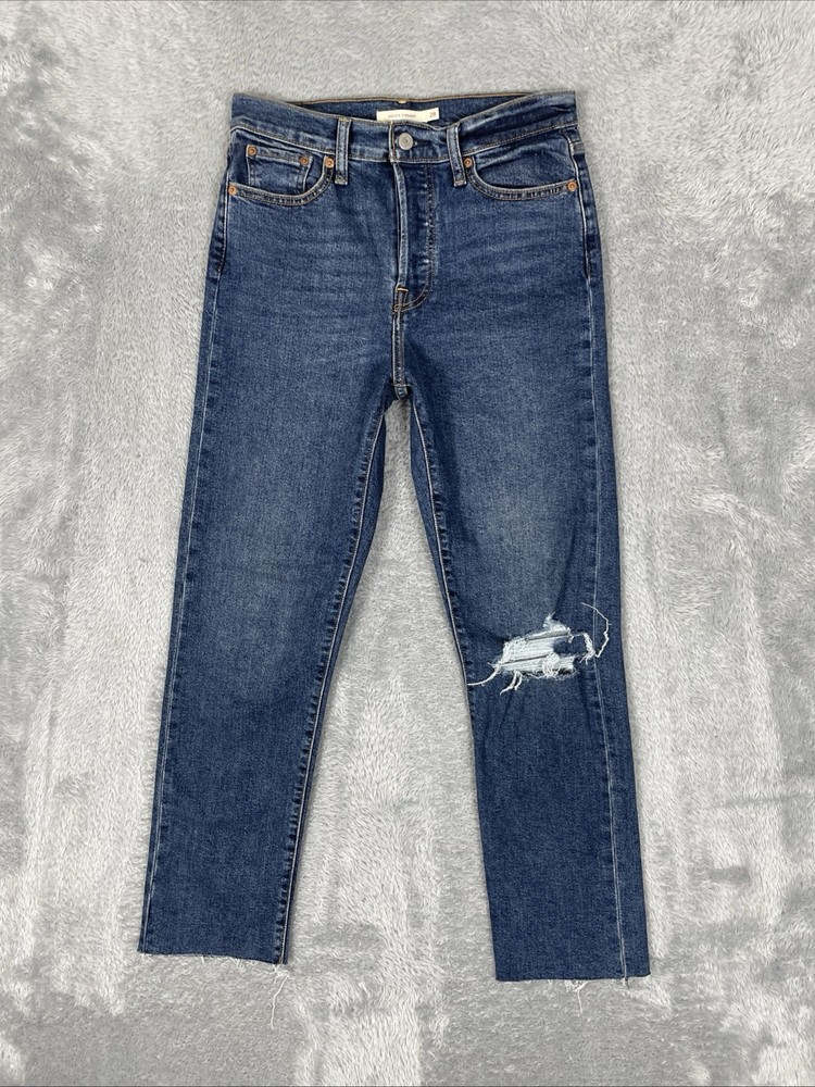 Levis Jeans Womens 28 Blue Wedgie Straight Distressed Button Fly Stretch Raw Hem