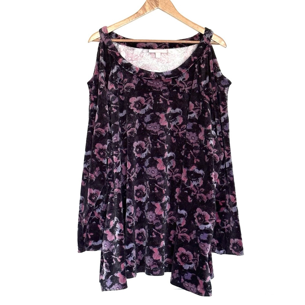 Woman Within Plus Shirt Women’s 3X Floral Velvet Long Sleeve Cold Shoulder Top