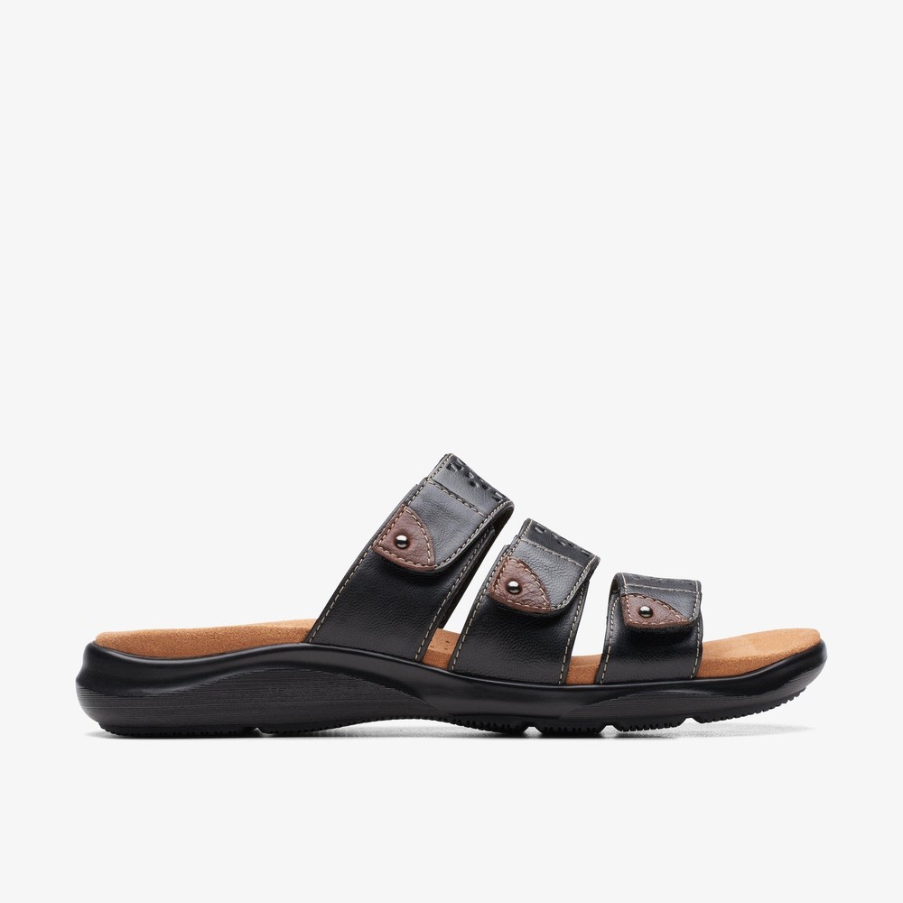 Clarks Womens Kitly Walk Black Slip Ons,Flat Sandals Leather Casual