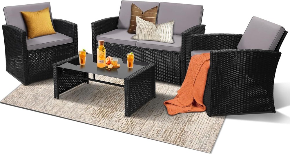 4-Piece Wicker Sofa Set, Rattan Sectional, Cushions, Ideal for Garden