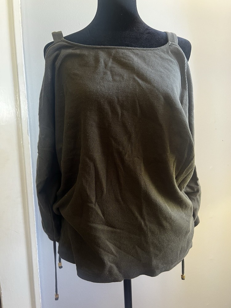 Michael Kors Women Army Green Cold Shoulder Long Sleeve Sweater Top Size S