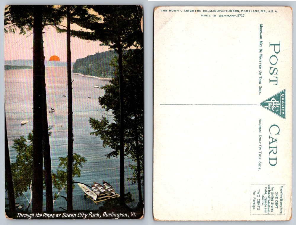 Burlington VT Queen City Park Sunset Lake Champlain Pines Postcard c1910