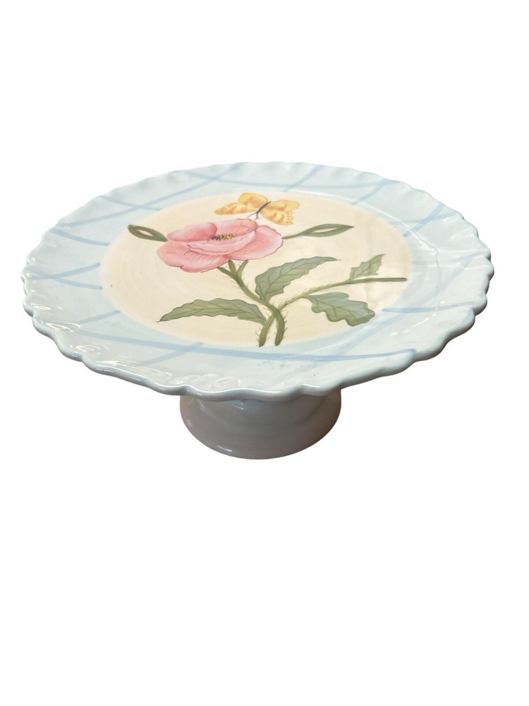 Ceramic Cake plate Stand ZRIKE  Hand painted blue Pink Flower Butterfly 11x5.25”