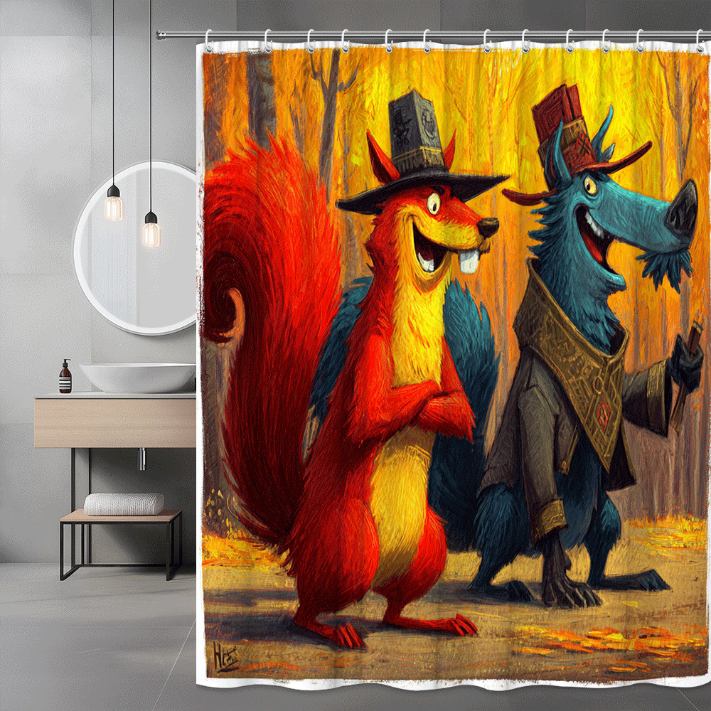 Cartoon Squirrel Shower Curtain Autumn Forest Animal Print