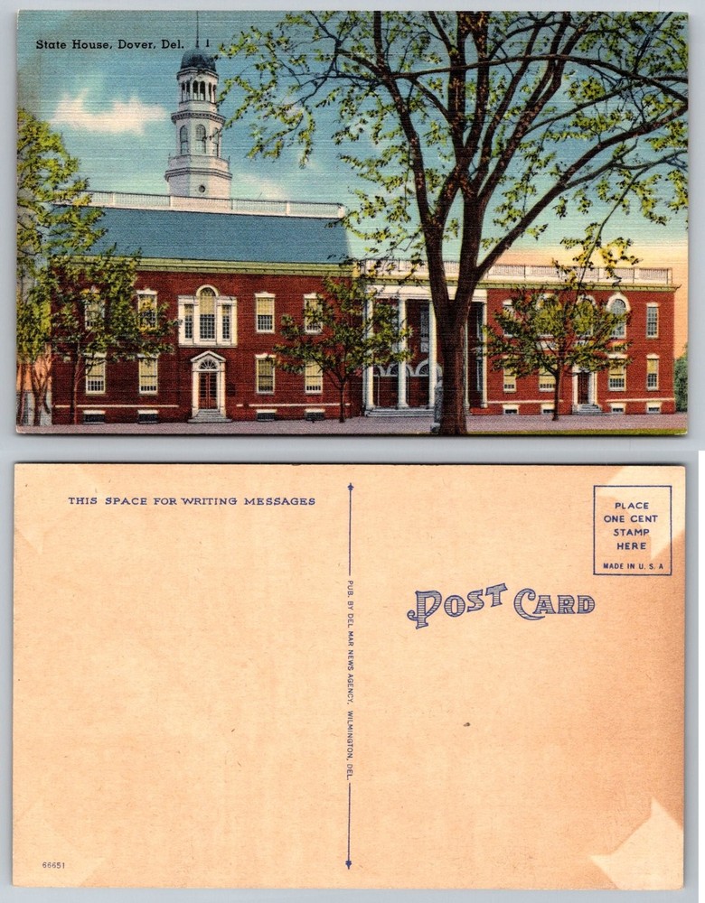 State House Dover Delaware Linen Postcard Del Mar News Agency Wilmington