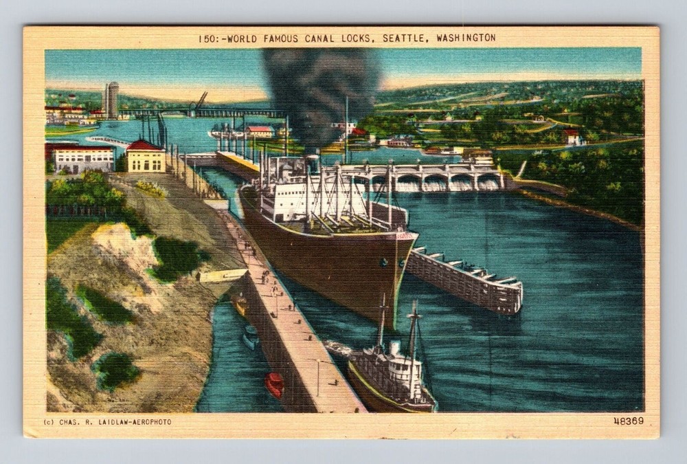 Seattle WA-Washington, Aerial World Famous Canal Locks, Vintage Postcard