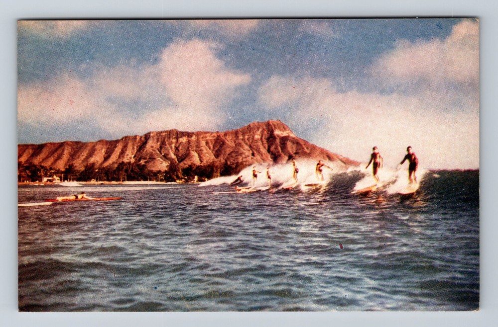 Waikiki HI-Hawaii, Surfing, Antique, Vintage Postcard