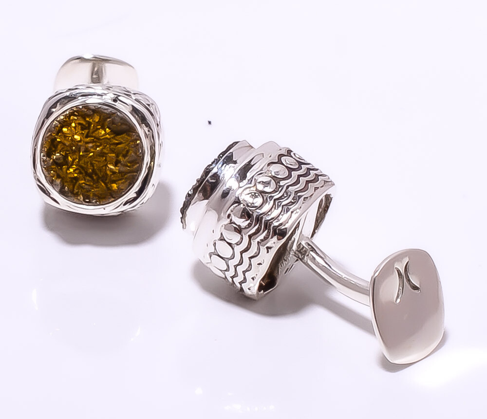 Titanium Golden Agate Drusy Sterling Silver Bali Cufflinks for Men CL15