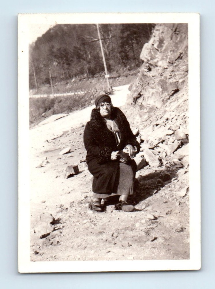 Old Vintage Photo SOLO WOMAN COAT HAT PURSE SITTING OUTSIDE SNAPSHOT PICTURE
