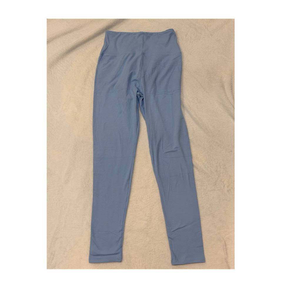 Women's Blue Solid Ankle Yoga Leggings S/M Stretch Elastic Waist Athleisure