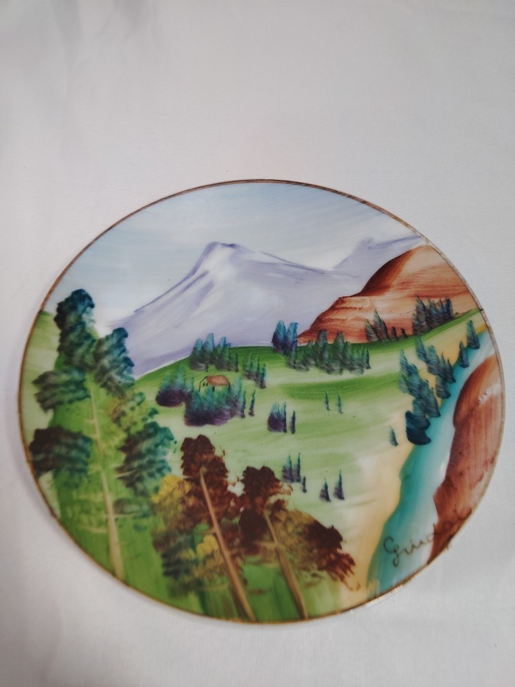 Handpainted Mountains and Valley Plate- Signed. Made in Japan- 5.25