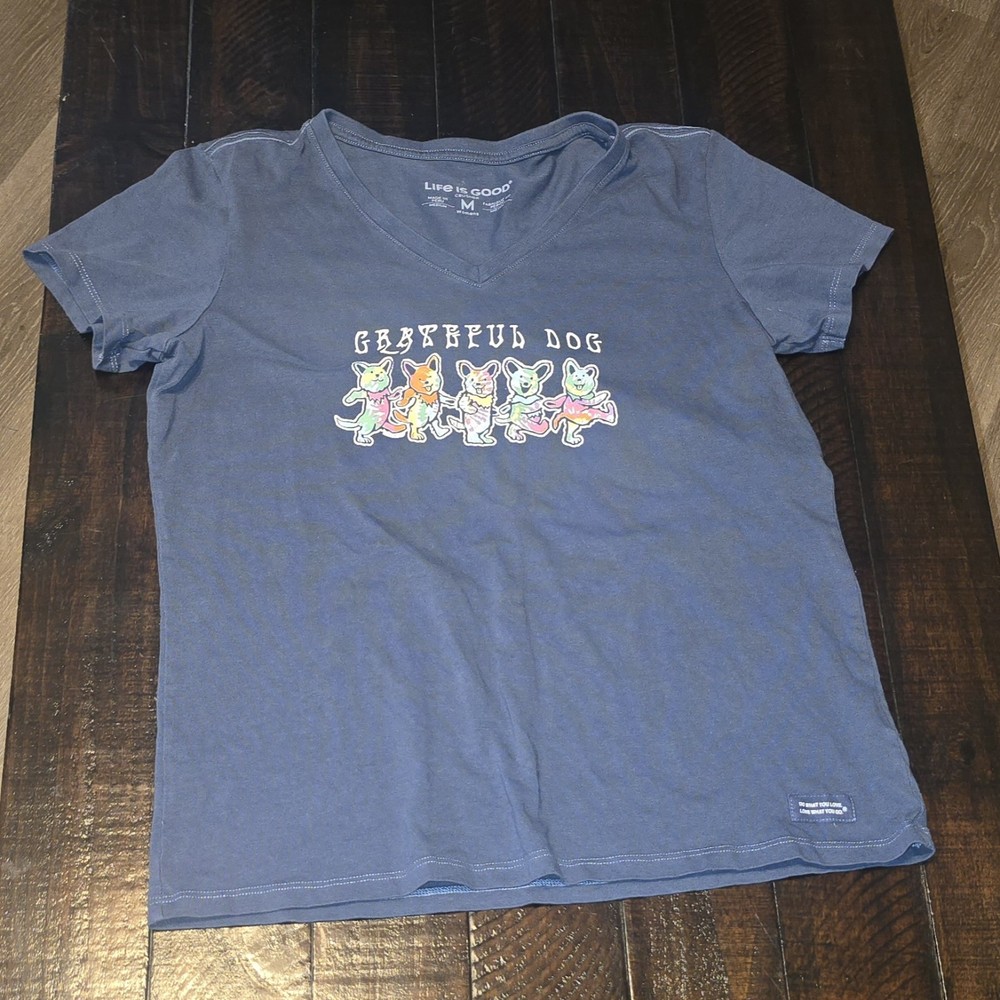 Title: Life Is Good Grateful Dog V-Neck Graphic Tee Women's Medium Blue T-Shirt